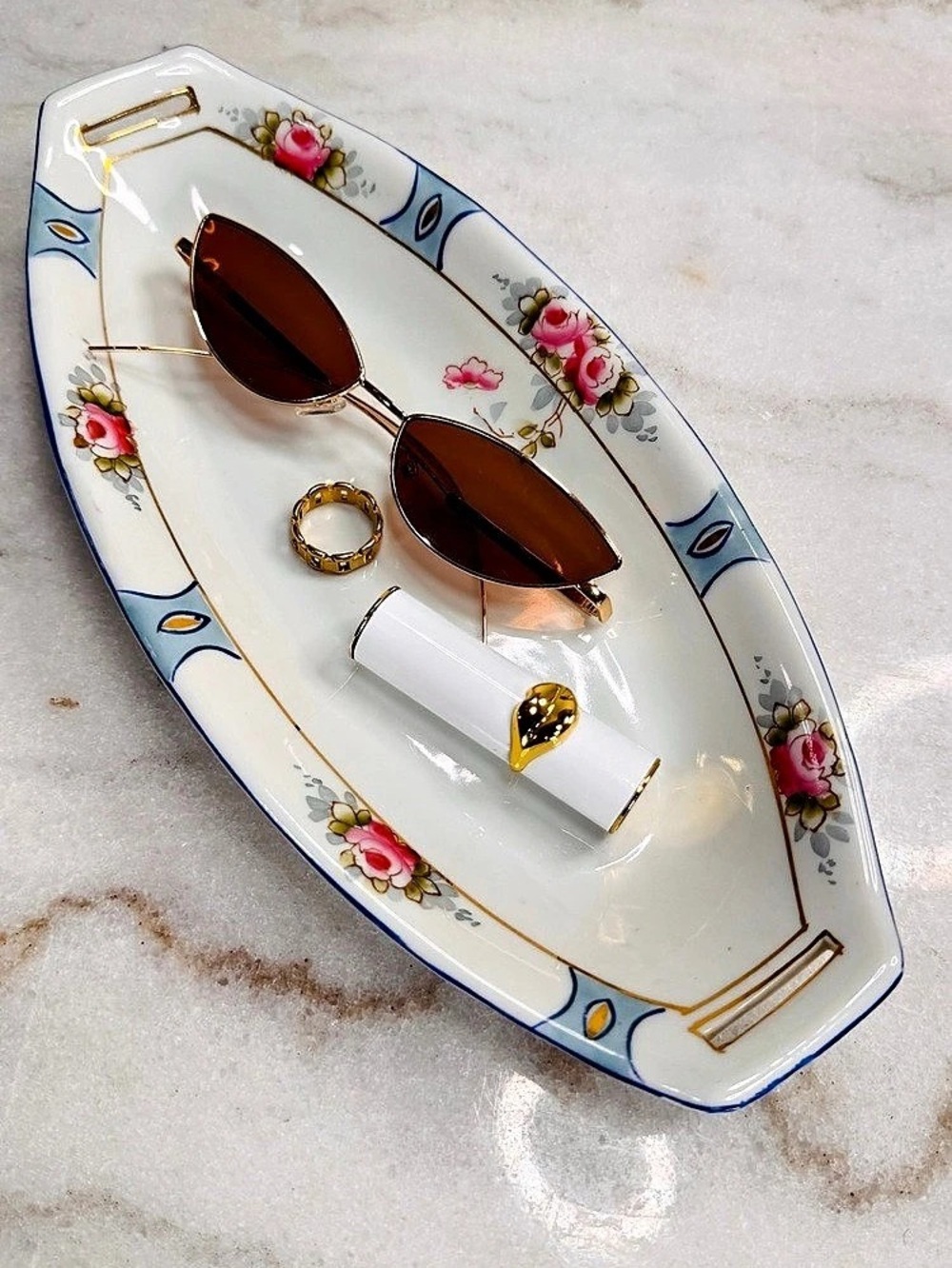 Vintage Nippon Floral Trinket Vanity Tray - Gold Trim